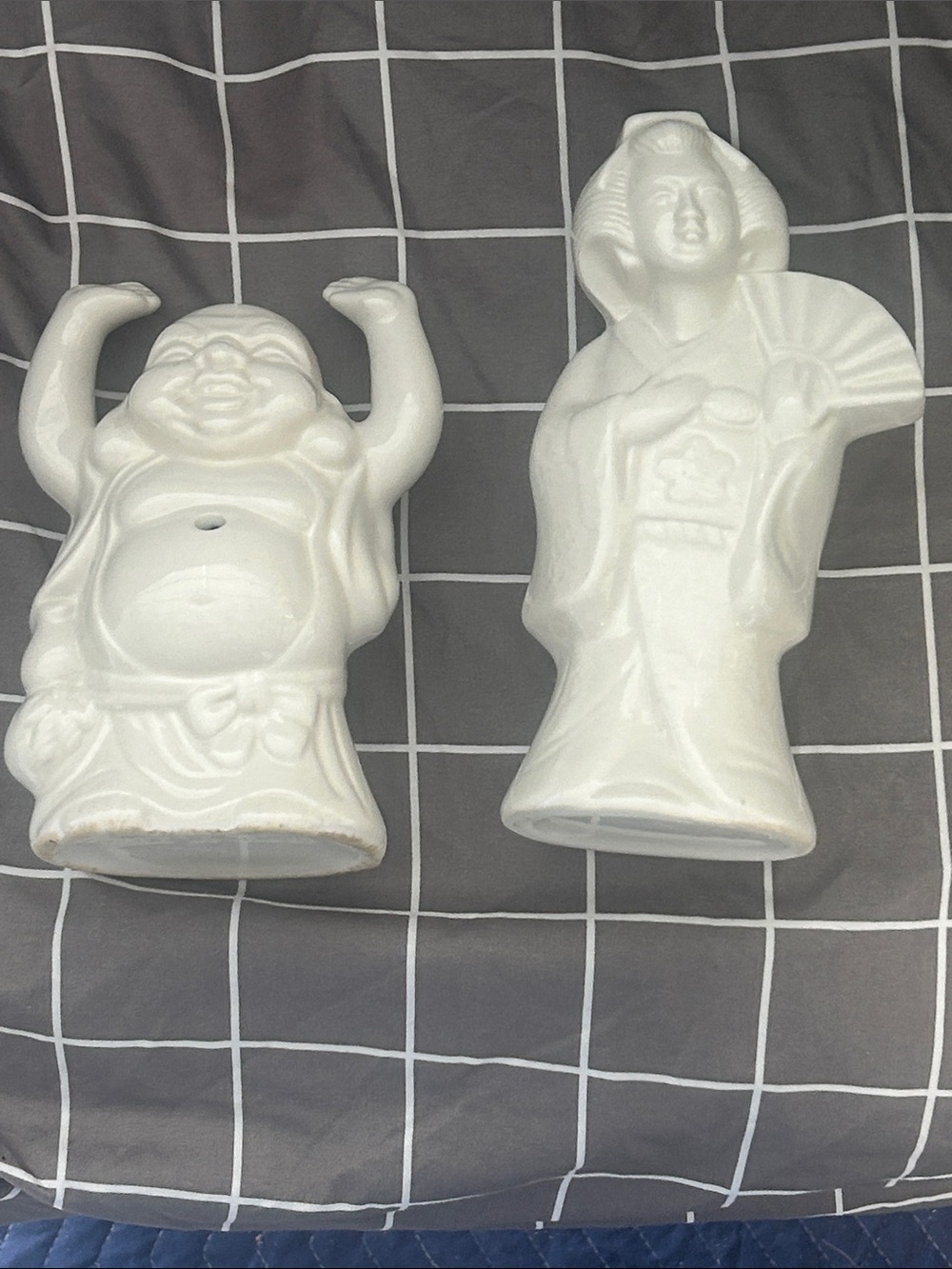 White Ceramic Buddha and Geisha Figurine Set - Home Art Decor